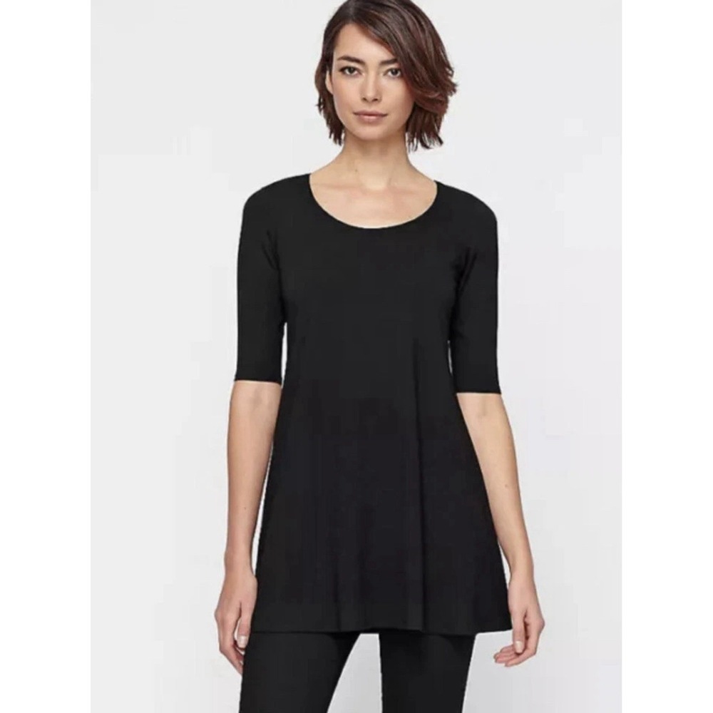 Eileen Fisher Black  Viscose Jersey Scoopneck Elbow Sleeve Swing Tunic‎ S $158